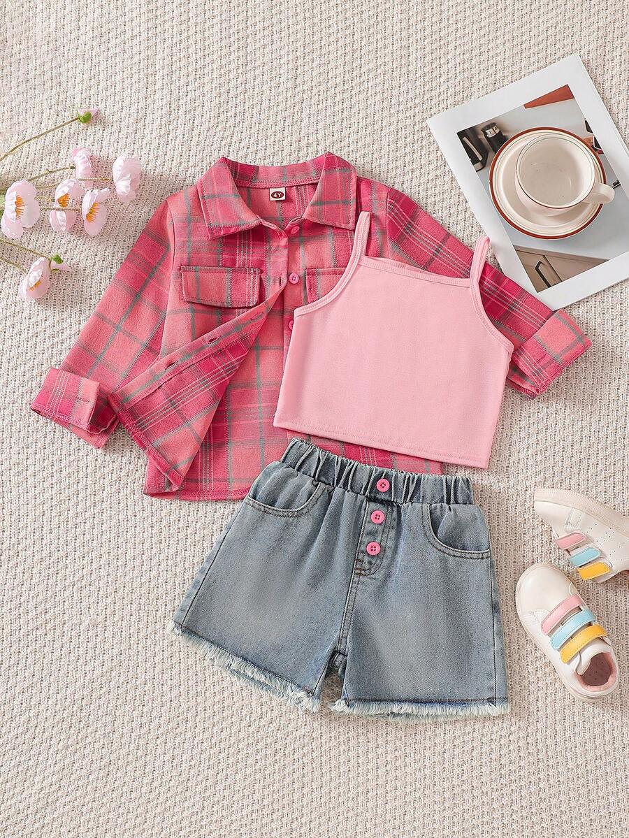 Toddler Girls' Fashion Casual Cute Set: Plaid Stylish Minimalist Shirt Jacket + Pink Camisole + Fringed Pink Button Minimalist Denim Shorts