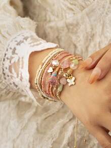 8pcs Girls' Casual Versatile Handmade Bohemian Style Pearl Bracelets - Baby Pink - View 7