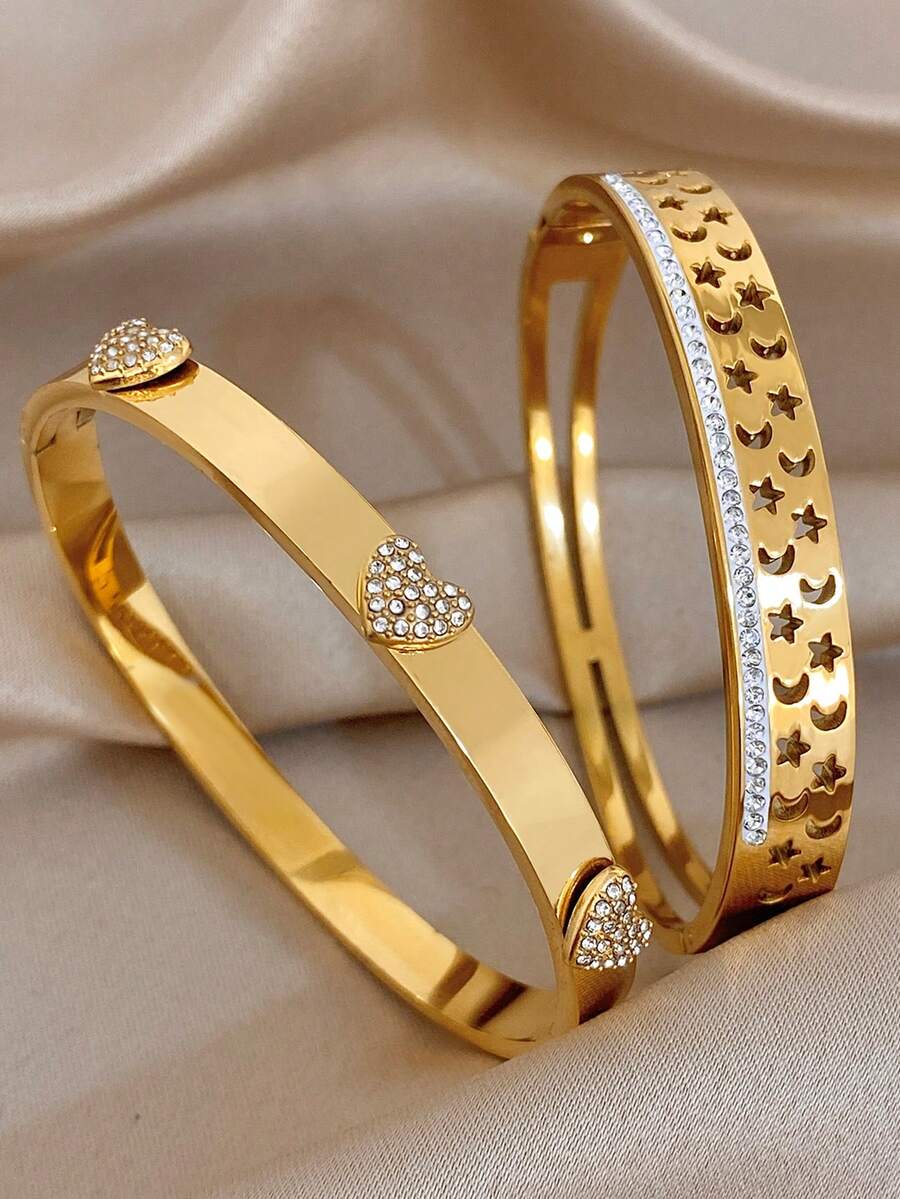 Bộ vòng tay bằng thép không gỉ mạ vàng 18K hình trái tim và mặt trăng sao thanh lịch, trang sức cao cấp dành cho nữ, thiết kế đính đá Zirconia và khoét rỗng, thích hợp cho Lễ tình nhân, tiệc tùng, dạ hội, hàng ngày, hẹn hò, lễ hội Mardi Gras, năm mới, đám cưới, đi biển, Giáng sinh, kỷ niệm, quà tặng thanh lịch cho mẹ, trang sức phong cách Boho, quà sinh nhật cho phù dâu. - Nhiều màu - Xem 1