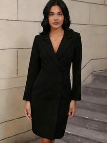 Women's Elegant Collared Fitted Solid Color Button Front Split Hem Office & Casual Dress, Suitable For Spring, Summer, Autumn - Black - View 1