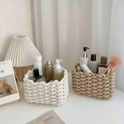 1个/2个手工编织小容量化妆品收纳盒，可收纳化妆刷、护肤品、化妆品、口红、眼影等，也适用于桌面、展示柜和梳妆台收纳，适合度假、海滩、浴室、卧室等场所。