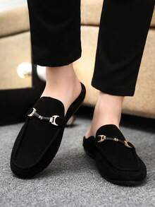 2026 Spring/Summer New Men's Suede Loafers, Solid Color Breathable Slip-On Driving Shoes, Metal Buckle Decor, Rubber Anti-Slip Sole, Suitable For Commuting, Dating, And Strolling - Black - View 3