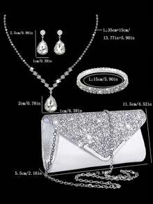 4pcs Women's Party Elegant Luxury Sequin Decor Evening Clutch Bag, Rhinestone Chain Shoulder Bag, Earrings, Necklace, Bracelet Jewelry Set - Silver - View 6
