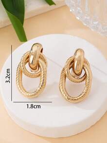 1 Pair Textured Gold Tone Retro Twisted Geometric Design Stud Earrings For Women - Yellow Gold - View 5