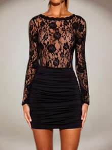 Women's Sexy V-Neck Sheer Lace Long Sleeve Backless Bodycon Mini Dress, Pleated High Stretch Knit Fabric, See-Through Sexy Elegant Party Dress, Suitable For Valentine's Day, Party, Evening Occasion - Black - View 5