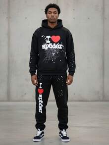 Classic Letter-Printed Men's And Women's Casual And Fashion Fleece Hooded Sweatshirt And Pants Set - Black - View 5