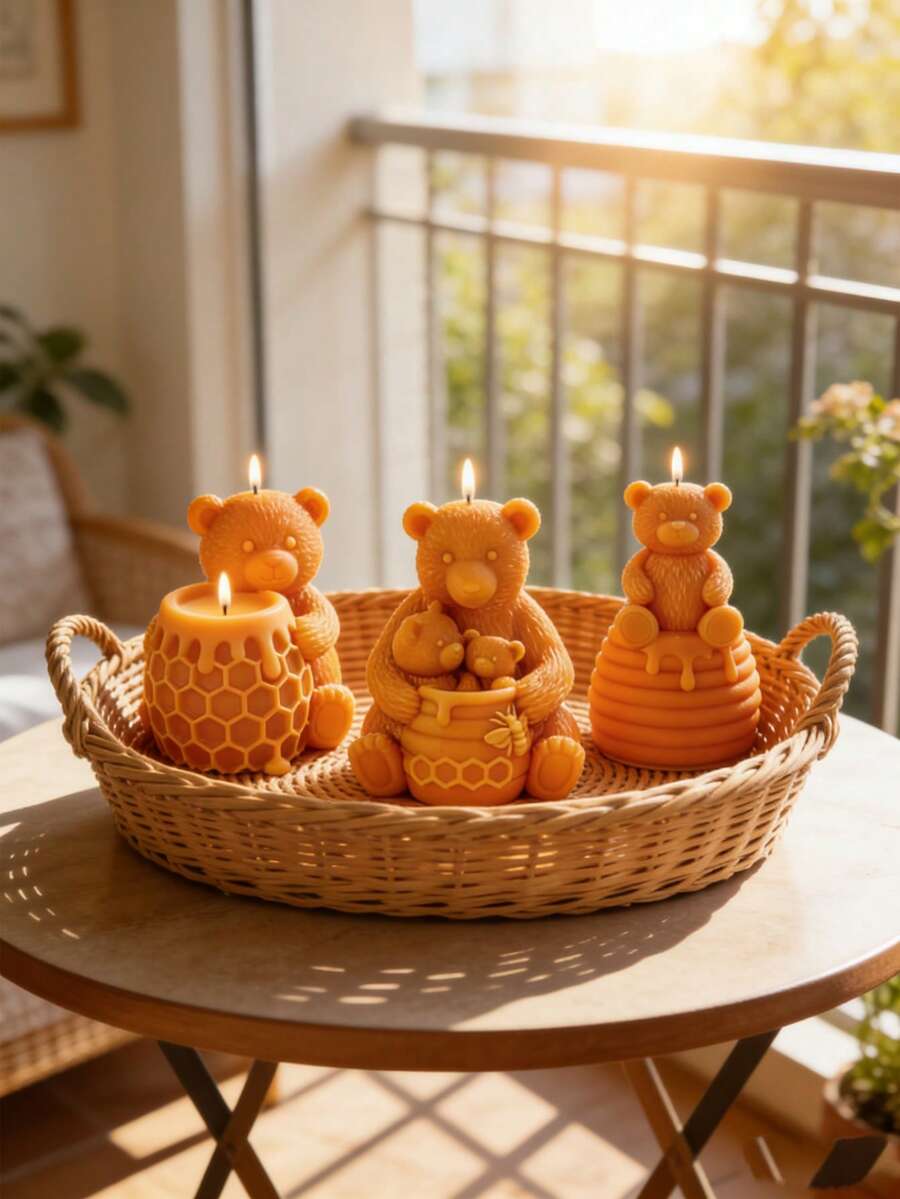 1pc Cute Bear & Honeycomb Silicone Candle Mold, 3D Animal Resin Soap Making DIY Handcraft Mold - White - View 1