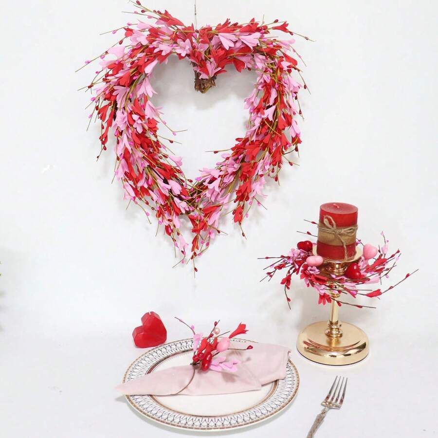 Valentine's Day Heart Napkin Rings Rromantic Simulated Floral Napkin Holders For Dining Table Wedding Party Home Decor - Pink - View 1