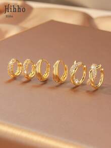 Hihho 3 Pairs Elegant & Fashionable Women's Jewelry Earrings Set, Featuring Various Designs Such As Fully Paved Rhinestone, Waist Chain, And Twisted Rope, Suitable For Daily Commute, Dates, Parties, Can Be Worn Alone Or Stacked, Matching Multiple Styles - Yellow Gold - View 14