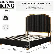 Queen/King/California King Size Modern Upholstered Bed Frame In Velvet With 65.4" Tall Gold Trim Headboard, Elegant Platform Bed, No Box Spring Needed - 黑色 - 查看 9
