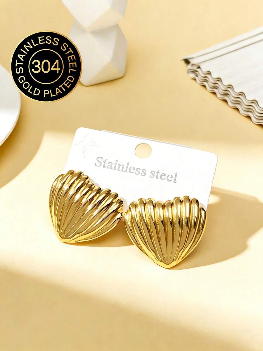 Lady Heart-Shaped Gold Earrings, Lady Girl Heart-Shaped Thick Gold Earrings, Geometric Texture Earrings, 18K Gold Plated Drop Earrings, Retro Heart-Shaped Earrings, Lightweight Declaration Earrings, Thick Golden Metal Earrings, Wedding Earrings, Stainless Steel Pendant Earrings, Low-Allergy, Nickel-Free, Lady Retro Exaggerated-Style Earrings - Multicolor - View 1