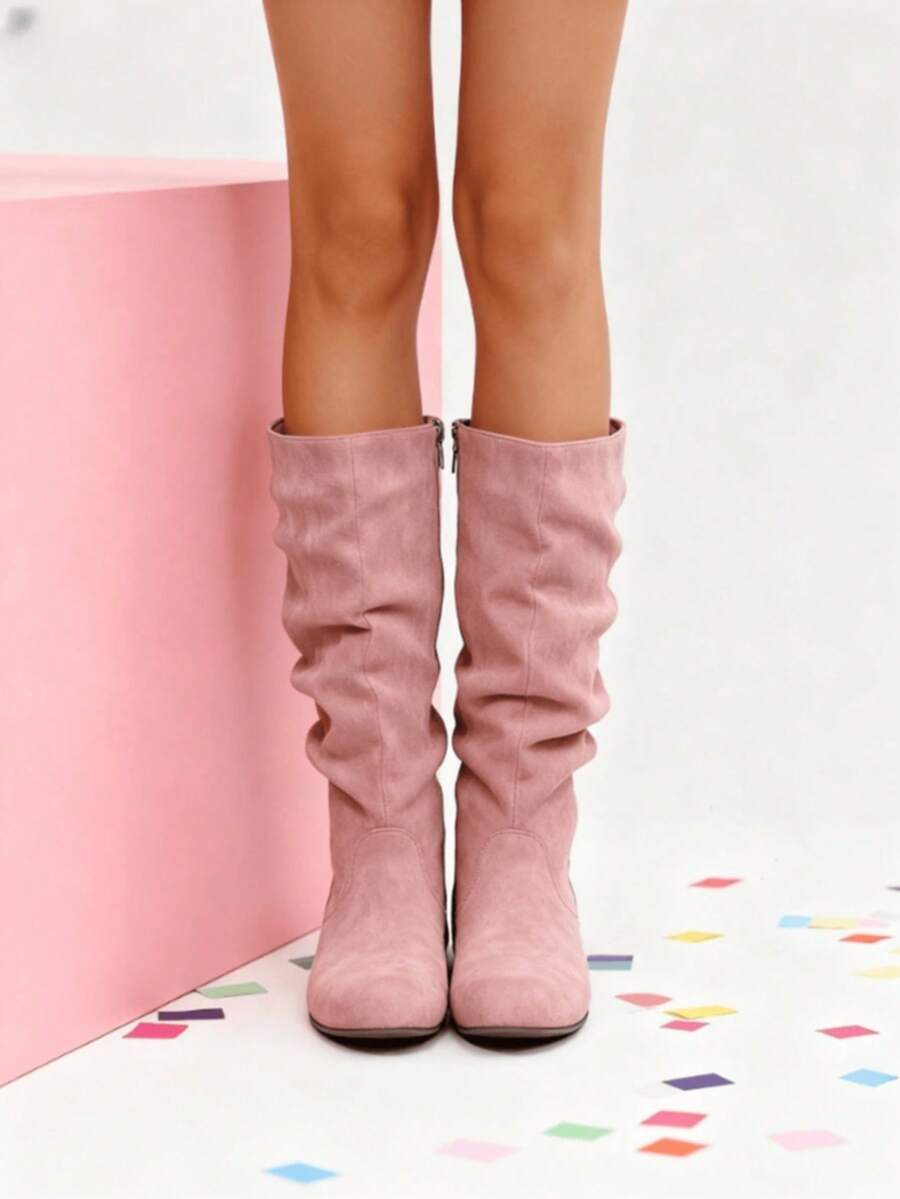 2025 New Women's Solid-Color Fashion Boots: Minimalist Round Toe, Flat Heel & Side-Zip Design-Versatile Mid-Calf & Ankle Styles For Casual Wear - 粉紅色超級款 - 查看 1