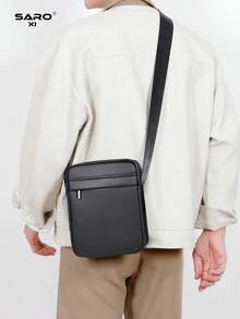 saroxi 1 件男士 PU 皮革单肩包，休闲斜跨包，带侧袋，方形轻便百搭通勤包，简约设计黑色包，送给男朋友的时尚礼物