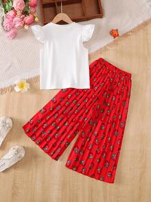 女童休闲短袖上衣和裤子套装（2件套），春夏款 - 紅色 - 查看 8