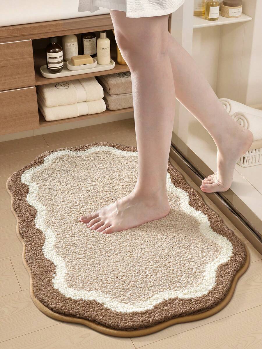 DAJIANG 1pc Khaki Geometric Minimalist Plush Bath Mat, Suitable For Bathroom, Kitchen, Outdoor, Indoor, Hallway, Bedroom, Living Room, Bedside, Machine Washable, Easy To Clean, Non-Slip Backing, Essential For Bedroom, Bathroom, Ideal For Winter Decor, Valentine's Day Decor, Bathroom Holiday Decor, Decorative Carpet, Bathroom Accessories, Room Decor Set