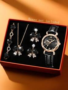 Gaiety 5Pcs Women's Ladies Female PU Leather Strap Quartz Wrist Watch Butterfly Bracelet Necklace Earring Jewelry Set Elegant Fashion Light Luxury Rhinestone Heart Dial Used For Daily Wear Party Decoration Or Holiday Gifts For Girlfriends And Mothers