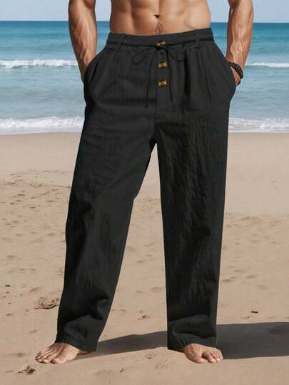 Pantalones casuales holgados de lino y algodón transpirable, diseño de botones falsos, cintura con cordón, corte rectoÉxito de