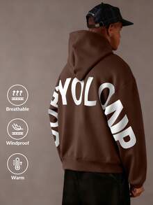 Men's Letter Print Long Sleeve Pocket Drawstring Hoodie Sweatshirt, Casual For Autumn/Winter - Brown - View 1