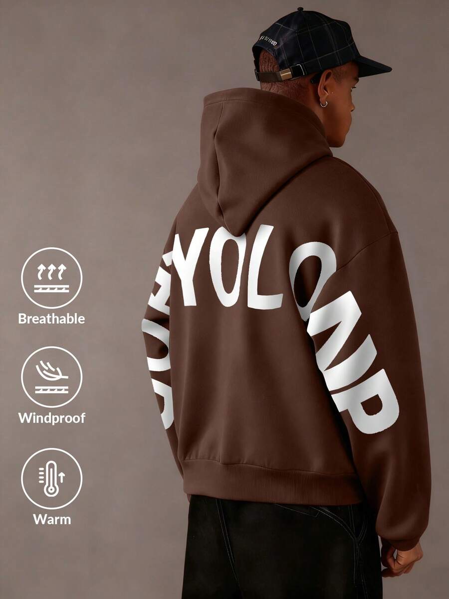 Men's Letter Print Long Sleeve Pocket Drawstring Hoodie Sweatshirt, Casual For Autumn/Winter - Brown - View 1