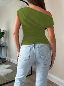 优雅百搭休闲独特露肩短款上衣，性感斜肩修身露脐短款上衣，夏季必备 - 綠色 - 查看 5