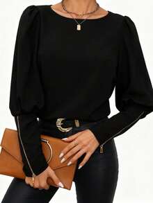 Women's Solid Color Round Neck Lantern Sleeve Long Sleeve Top - Black - View 3