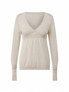 Womens Knit Tops Fall Long Sleeve V Neck Solid Color Eyelet Slim Fit Pullover Sweater - Khaki - View 1