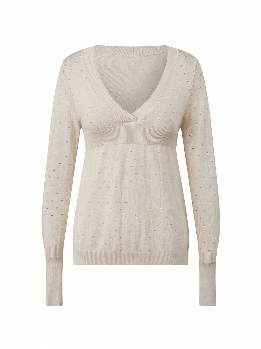 Womens Knit Tops Fall Long Sleeve V Neck Solid Color Eyelet Slim Fit Pullover Sweater - Khaki - View 1