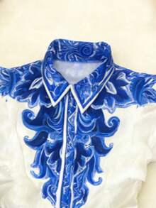 Elegant Blue And White Porcelain Print Long Dress, Summer - Multicolor - View 5