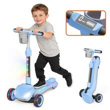 Kids 3 Wheel Electric Scooter Foldable, Lean-To-Steer, Thumb Throttle, LCD Screen, Light-Up Wheels & Deck, 3 Adjustable Heights, 6.5" Wheels, 5 MPH, Gift For Boys & Girls - Blue - View 8