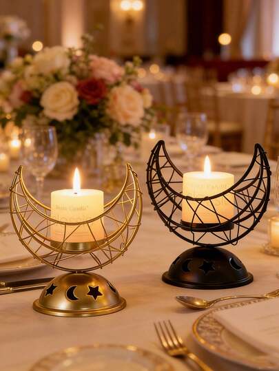 新月形烛台，桌面烛台，伊斯兰风格锻铁空心烛台装饰，奢华浪漫的婚礼装饰，空心香炉，家居装饰，手工制品，必备家居装饰品。