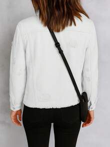 Distressed Washed Solid Color Front Button Casual Long Sleeve Denim Jacket Spring White - White - View 2