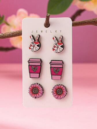 3 pares de aretes de madera con diseño de corazón para el Día de San Valentín, aretes con estampado de taza de café con estampado de leopardo y girasol rosa, joyas de aretes minimalistas para mujer