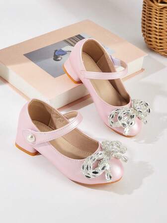 1 par de zapatos elegantes y versátiles de tacón alto con puntera redonda, flor de cristal y lazo de strass, para niñas pequeñas/niñas, adecuados para primavera/verano/otoño, ideales para Navidad/fiestas/actuaciones