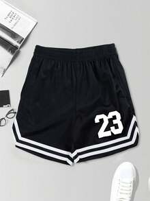 1 chiếc quần short nam/thiếu niên phong cách đường phố, thoải mái, tối giản, in số trang trí, thích hợp cho mùa hè. - màu đen - Xem 3