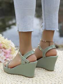 女士纯色厚底轻便凉鞋，一脚蹬设计，奢华时尚，2025夏季新款舒适休闲女鞋，适合旅行、外出和正式场合。 - 橄欖綠 - 查看 5