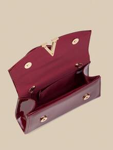 1 pieza Bolso de mano con solapa y espejo de unicolor de moda para mujeres, decorado con herrajes metálicos, bolso de negocios elegante adecuado para uso diario de las mujeres, embrague/bolso de mano/bolso de hombro/bolso cruzado, aplicable para boda/fiesta/baile de graduación/banquete - Burdeos - Ver 7