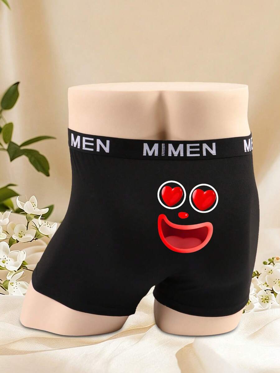 Men's Black Simple Fashion Everyday Boxer Briefs, Sexy Smiling Face Print, Elastic Waistband, Everyday Underwear - Black - View 1