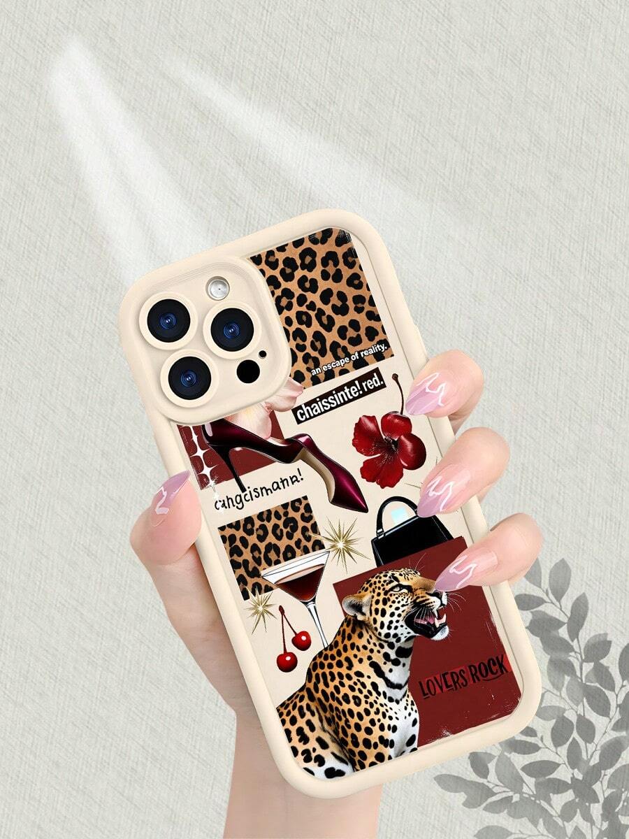 Leopard Print High Heels Cherry Pattern Phone Case For IPhone 17/16/15/14/13/12/11/X/XS/XSMAX Fashion Stylish Protective Cover For Women Girls Daily Use - trắng - Xem 1