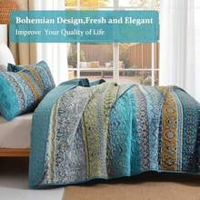 WONGS BEDDING Bohemian Comforter Set, Twin, Full, Queen & King Sizes, 3 Pieces, Lightweight Microfiber Quilt, Bohemian Style, Purple & Blue, All Seasons - 水鴨藍 - 查看 2