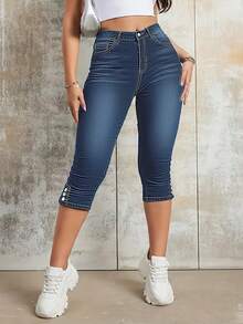 Women's Mid-Rise Slim Fit 7/8 Length Jeans - Button Hem Design, Functional Pockets, Slimming Casual Everyday Denim Pants - Dark Wash - View 4