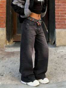 Y2K Damen Graue Verwaschen Tief Sitzende Weite Schlaghose, Vintage Straßen-Stil Lässig Jeans, Vielseitige Alltagshose - Grau - Übersicht 3