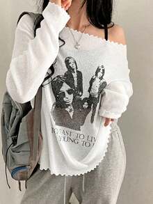 新款印花不对称领长袖女式衬衫 - 白色 - 查看 4