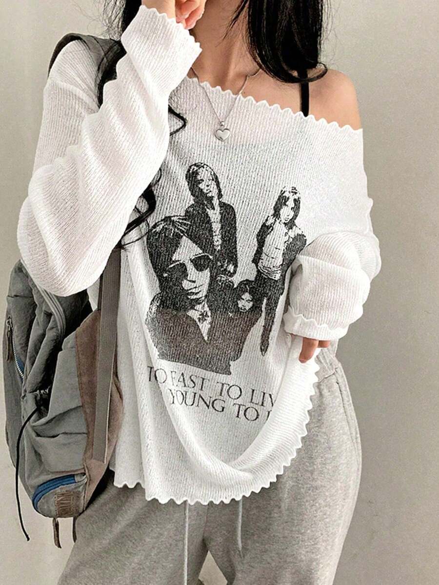 新款印花不对称领长袖女式衬衫 - 白色 - 查看 1