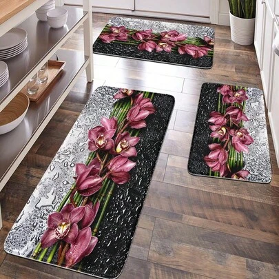 1pc Soft Plush Bathroom Mat, Non-Slip Kitchen Rug, Entrance Doormat, Marble & Peony Flower Pattern, Comfortable Surface, Anti-Fatigue Floor Decor