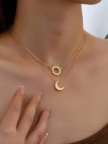 2pcs/Set Bohemian Style Stainless Steel Sun & Moon Decor Necklace, Suitable For All Seasons, Suitable As Gift, Party, Banquet Wear - Gold - View 3