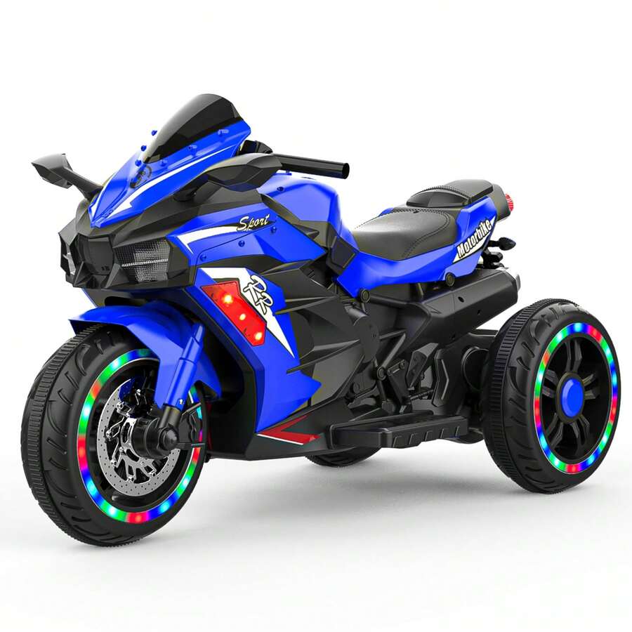 OMCPET 12V Kids Ride On Motorcycle, 4-Wheel Stable Ride On Motorcycle With Cool LED Lights, Built-In Music, Electric Toddler Motorcycle Gift For Boys Girls 3-10 Years Old, Battery Powered Rechargeable, Training Wheels, Ideal Gift For Christmas Birthday, Blue