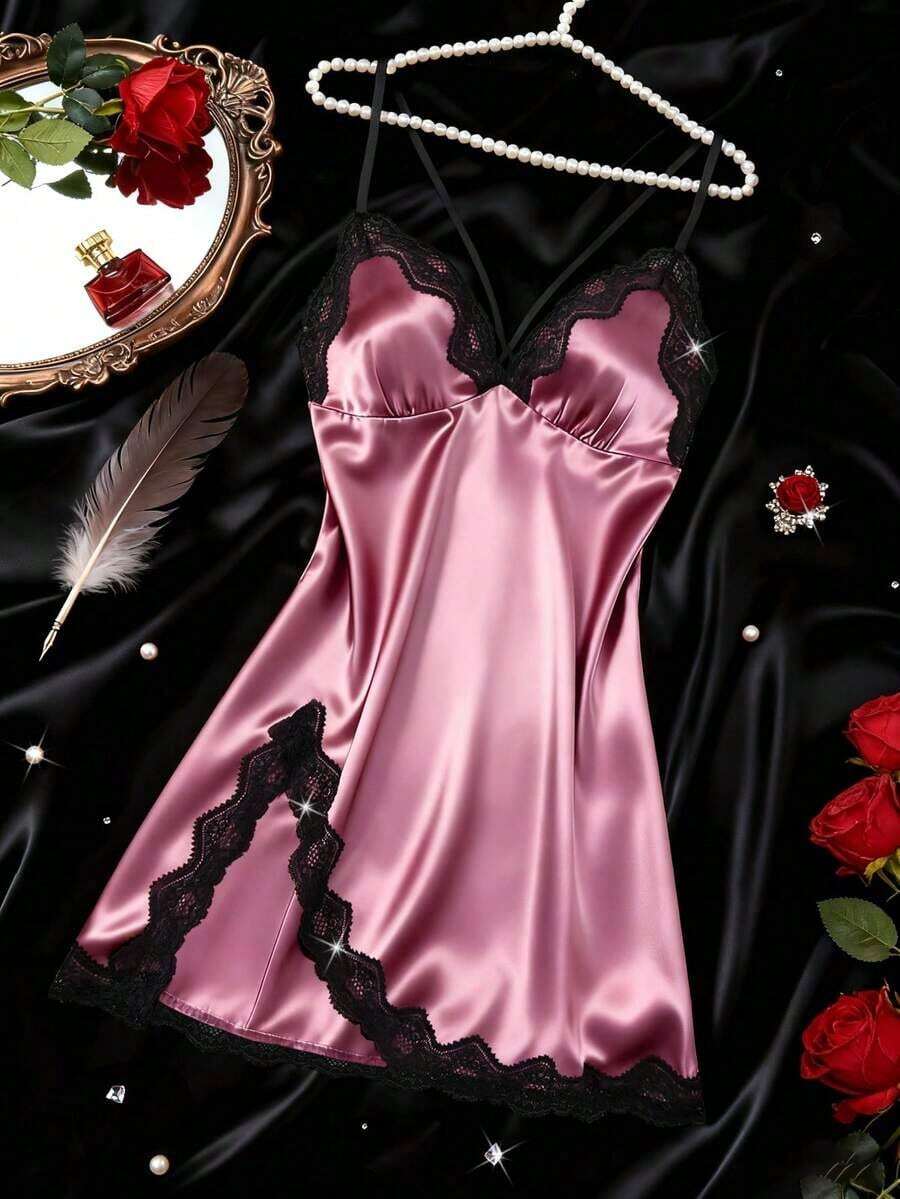 Women's Nightgown, Mature Floral Print Satin Lace Trim Sleepwear Dress, Criss-Open Back Spaghetti Strap Slip Dress, Comfortable Robe - Purple - View 1