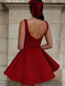 魅力四射的女士纯色方领优雅浪漫迷人性感约会之夜情人节无袖连衣裙 - 酒紅色 - 查看 4