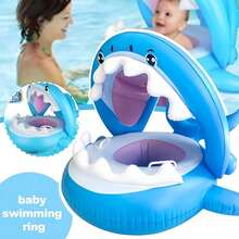 1pc Inflatable Baby Swimming Ring, Blue Shark Shaped, Suitable For Beach, Pool, With Sunshade, Can Be Used As Inflatable Seat - Blue - View 3