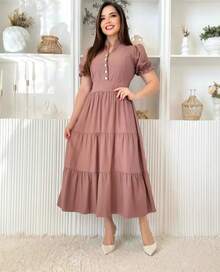 Elegant Women's Dress, Simple Fabric, Button-Down Dress, Wedding, Birthday Party, Summer, Sensual Fabric - 乾枯玫瑰色 - 查看 1